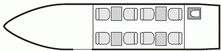 Plan d'aménagement intérieur de la cabine de Bombardier Challenger 300, long courrier, cabine de grandes dimensions, nombre max. de passagers : 9, avec équipage : 2 pilotes et 1 hôtesse, destiné à la location pour des vols à la demande en avion d'affaire.