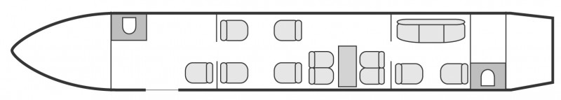 Plan d'aménagement intérieur de la cabine de Bombardier Global Express, long courrier, cabine de grandes grandes dimensions, aménagement VIP, nombre max. de passagers : 14, avec équipage : 2 pilotes et 1 ou 2 hôtesses, destiné à la location pour des vols à la demande en jet privé.