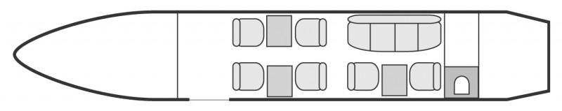 Plan d'aménagement intérieur de la cabine de Dassault Falcon 50, long courrier, cabine de dimensions moyennes, nombre max. de passagers : 10, avec équipage : 2 pilotes et 1 hôtesse, destiné à la location pour des vols à la demande en avion d'affaire.