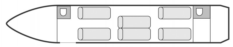 Autre plan d'aménagement intérieur de la cabine de Dassault Falcon 900 EX, long courrier, cabine de grandes dimensions, aménagement VIP, nombre max. de passagers : 14, avec équipage : 2 pilotes et 1 ou 2 hôtesses, destiné à la location pour des vols à la demande en jet privé.