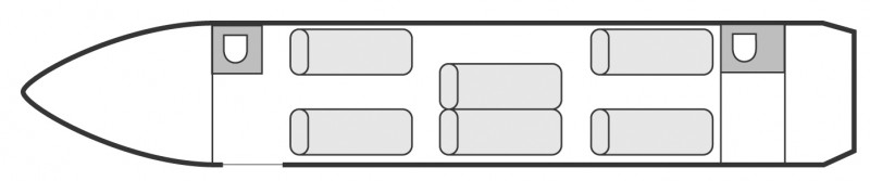 Autre plan d'aménagement intérieur de la cabine de Dassault Falcon 7X, long courrier, cabine de grandes dimensions, aménagement VIP, nombre max. de passagers : 14, avec équipage : 2 pilotes, 1 ou 2 hôtesses, destiné à la location pour des vols à la demande en avion privé.