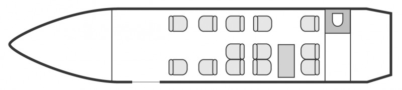 Plan d'aménagement intérieur de la cabine de Dassault Falcon 2000, long courrier, cabine de grandes dimensions, aménagement VIP, nombre max. de passagers : 10, avec équipage : 2 pilotes et 1 hôtesse, destiné à la location pour des vols à la demande en jet privé.