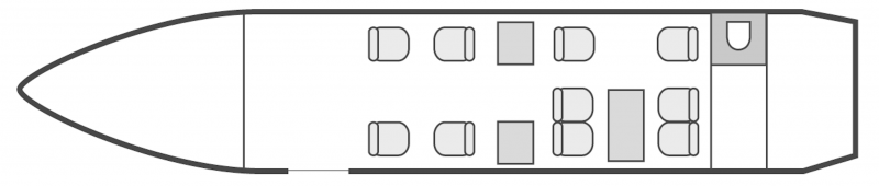 Autre plan d'aménagement intérieur de la cabine de Dassault Falcon 2000, long courrier, cabine de grandes dimensions, aménagement VIP, nombre max. de passagers : 10, avec équipage : 2 pilotes et 1 hôtesse, destiné à la location pour des vols à la demande en jet privé.