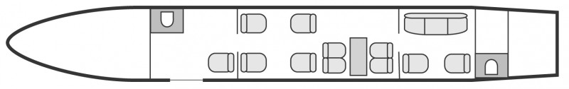 Plan d'aménagement intérieur de la cabine de Embraer Legacy, long courrier, cabine de grandes dimensions, aménagement VIP, nombre max. de passagers : 13, avec équipage : 2 pilotes et 1 ou 2 hôtesses, destiné à la location pour des vols à la demande en jet privé.