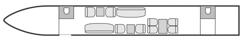 Plan d'aménagement intérieur de la cabine de Gulfstream V, long courrier, cabine de grandes dimensions, aménagement VIP, nombre max. de passagers : 14, avec équipage : 2 pilotes et 1 ou 2 hôtesses, destiné à la location pour des vols à la demande en jet privé.