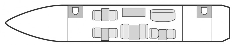 Plan d'aménagement intérieur de la cabine de Gulfstream IV, long courrier, cabine de grandes dimensions, aménagement VIP, nombre max. de passagers : 13, avec équipage : 2 pilotes et 1 ou 2 hôtesses, destiné à la location pour des vols à la demande en avion privé.