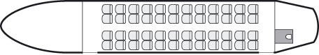 Plan d'aménagement intérieur de la cabine de Bombardier Regional Jet CRJ, grande capacité, aménagement de la cabine : avion de ligne, nombre max. de passagers : 50, avec équipage : 2 pilotes, 1 ou 2 hôtesses, destiné à la location pour des vols à la demande en avion de ligne.