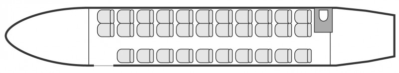 Plan d'aménagement intérieur de la cabine de Dornier 328 Jet, grande capacité, aménagement de la cabine : avion de ligne, nombre max. de passagers : 32, avec équipage : 2 pilotes, 1 hôtesse, destiné à la location pour des vols à la demande en avion de ligne.