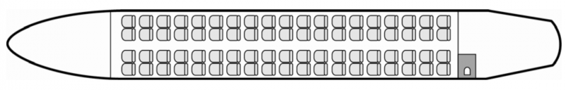 Plan d'aménagement intérieur de la cabine de Embraer 170, grande capacité, aménagement de la cabine : avion de ligne, nombre max. de passagers : 76, avec équipage : 2 pilotes, 2 hôtesses, destiné à la location pour des vols à la demande en avion de ligne.