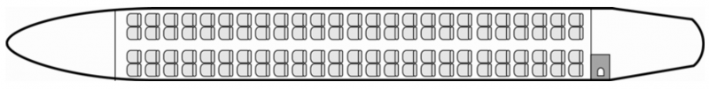 Plan d'aménagement intérieur de la cabine de Embraer 190, grande capacité, aménagement de la cabine : avion de ligne, nombre max. de passagers : 100, avec équipage : 2 pilotes, 2 hôtesses, destiné à la location pour des vols à la demande en avion de ligne.