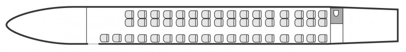 Plan d'aménagement intérieur de la cabine de Embraer Erj 145 Jet, grande capacité, aménagement de la cabine : avion de ligne, nombre max. de passagers : 49, avec équipage : 2 pilotes, 1 hôtesse, destiné à la location pour des vols à la demande en avion de ligne.