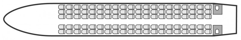 Plan d'aménagement intérieur de la cabine de Fokker 100, grande capacité, aménagement de la cabine : avion de ligne, nombre max. de passagers : 100, avec équipage : 2 pilotes, 2 ou 3 hôtesses, destiné à la location pour des vols à la demande en avion de ligne.